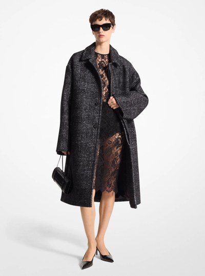 Glen Plaid Silk and Wool Melton Balmacaan in BLACK/WHITE | Michael Kors