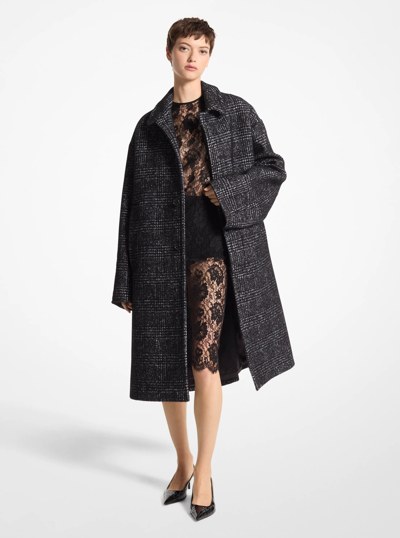 Glen Plaid Silk and Wool Melton Balmacaan in BLACK/WHITE | Michael Kors