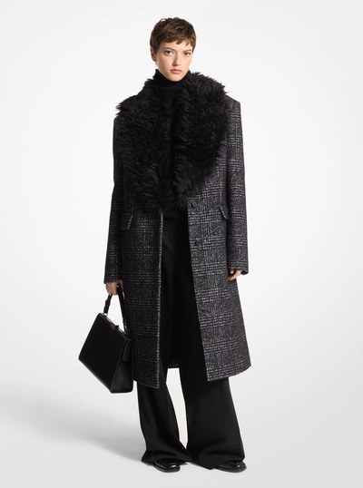 Glen Plaid Silk-Wool Melton and Knitted Mohair Chesterfield Coat in BLACK/WHITE | Michael Kors