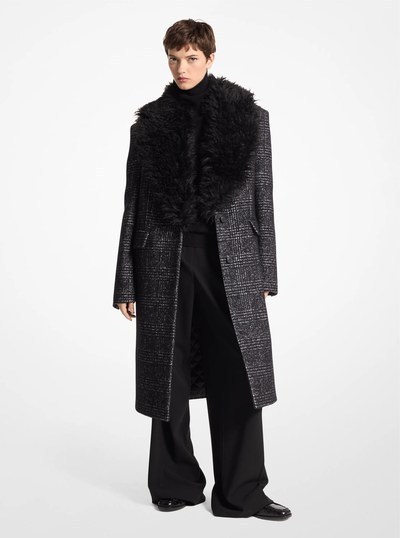 Glen Plaid Silk-Wool Melton and Knitted Mohair Chesterfield Coat in BLACK/WHITE | Michael Kors