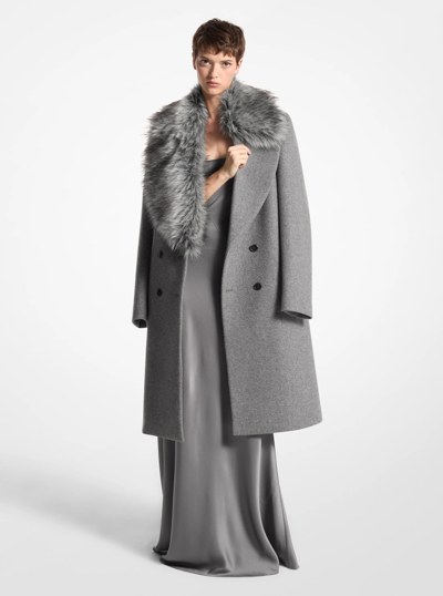 Wool Melton and Faux Fur Double-Breasted Coat in BANKER GREY | Michael Kors