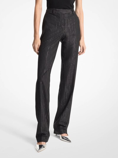 Carolyn Metallic Pinstripe Stretch Wool Trousers in BLACK/SILVER | Michael Kors