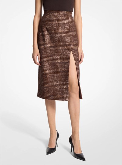Glen Plaid Wool Blend Tweed Slit Skirt in CHOCOL/CAPP | Michael Kors