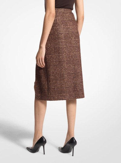 Glen Plaid Wool Blend Tweed Slit Skirt in CHOCOL/CAPP | Michael Kors