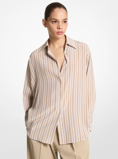 Striped Silk Crepe De Chine Boyfriend Shirt in Sand/Opt Wht | Michael Kors