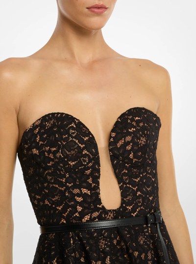 Corded Floral Lace Bustier Dress in BLACK | Michael Kors