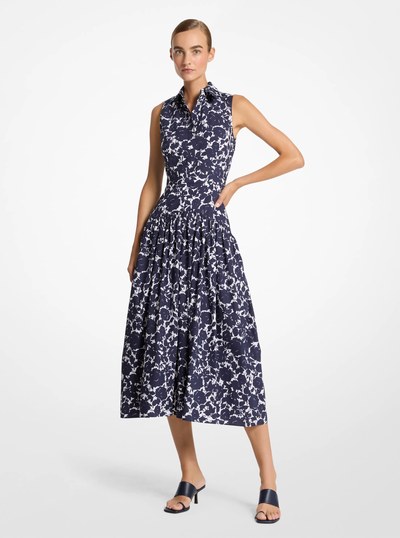 Floral Cotton Poplin Drop-Waist Shirtdress in MARIT/OP WHT | Michael Kors