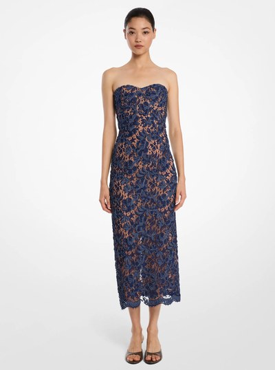Denim Floral Soutache Lace Strapless Sheath Dress in INDIGO | Michael Kors