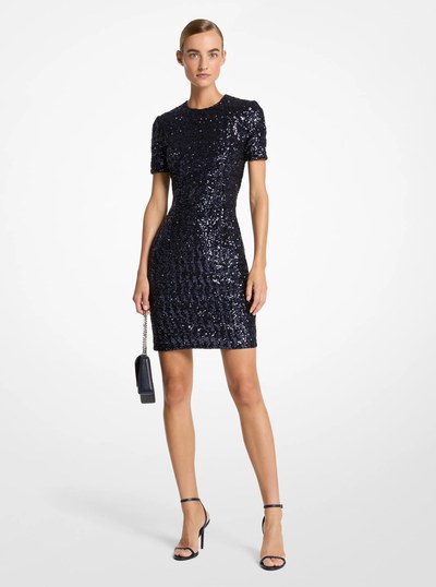 Sequined Short-Sleeve Crewneck Dress in MARITIME | Michael Kors