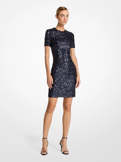 Sequined Short-Sleeve Crewneck Dress in MARITIME | Michael Kors