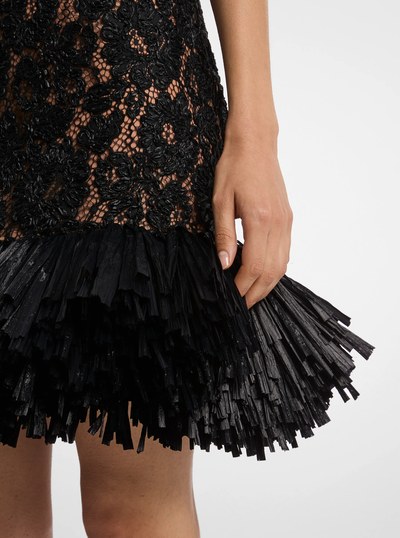 Hand-Embroidered Floral Lace and Fringe Cocktail Shaker Dress in BLACK | Michael Kors
