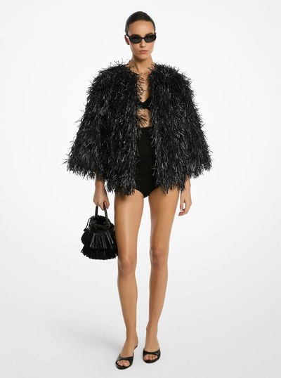 Hand-Embroidered Fringe Chubby Jacket in BLACK | Michael Kors