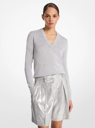 Metallic Viscose Blend V-Neck Sweater in PEARL/SILVER | Michael Kors