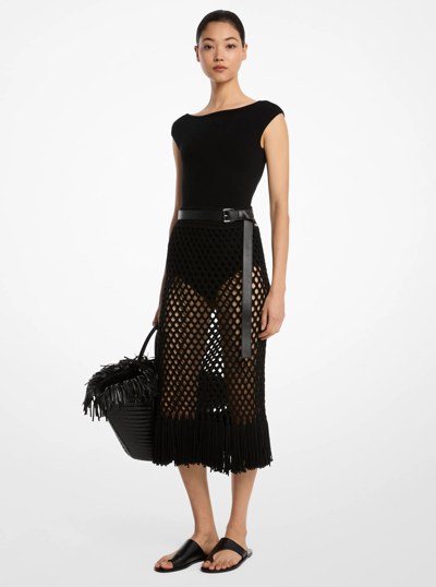 Hand-Crocheted Cashmere Fringed Skirt in BLACK | Michael Kors