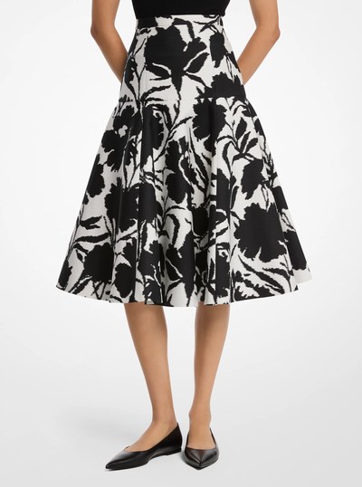 Floral Chin&eacute; Silk and Cotton Jacquard Drop Waist Dance Skirt in BLACK/OPTIC WHITE | Michael Kors
