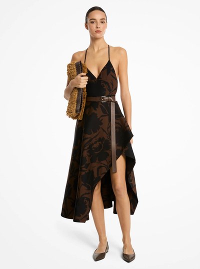 Floral Chin&eacute; Cotton and Silk Jacquard Asymmetric Skirt in JAVA/BLACK | Michael Kors