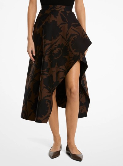 Floral Chin&eacute; Cotton and Silk Jacquard Asymmetric Skirt in JAVA/BLACK | Michael Kors