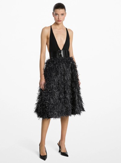 Hand-Embroidered Fringe Jacquard Circle Skirt in BLACK | Michael Kors