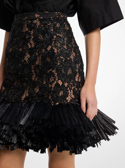 Hand-Embroidered Floral Lace and Fringe Skirt in BLACK | Michael Kors