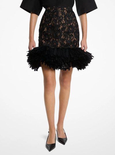 Hand-Embroidered Floral Lace and Fringe Skirt in BLACK | Michael Kors