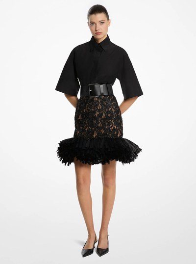Hand-Embroidered Floral Lace and Fringe Skirt in BLACK | Michael Kors