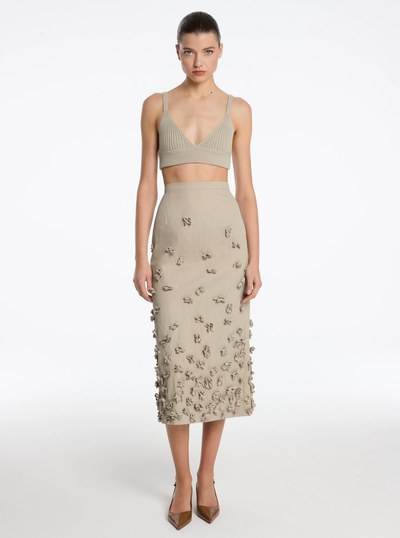 Hand-Embroidered Floral Crushed Cotton Gabardine Skirt