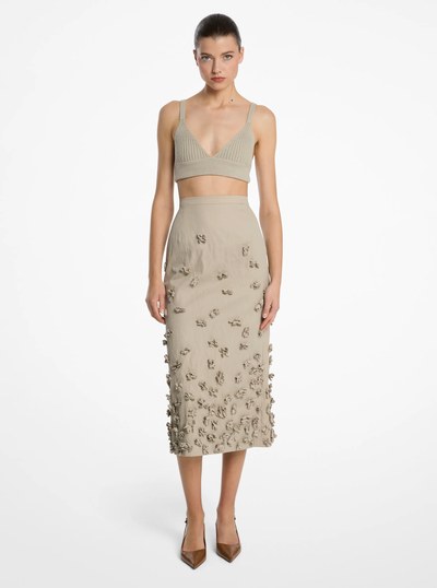 Hand-Embroidered Floral Crushed Cotton Gabardine Skirt