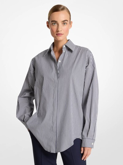 Striped Stretch Cotton Poplin Oversized Shirt in MARIT/OP WHT | Michael Kors