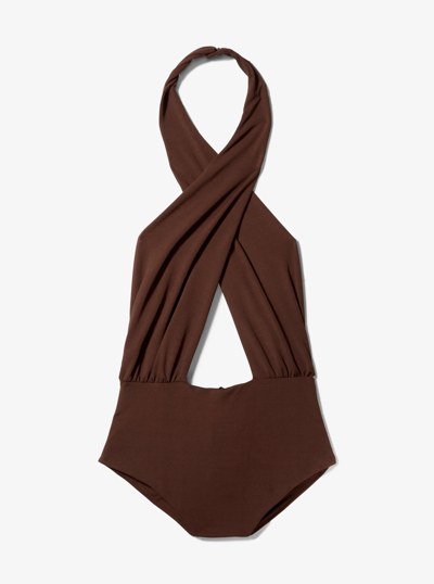 Stretch Matte Jersey Halter Bodysuit in JAVA | Michael Kors