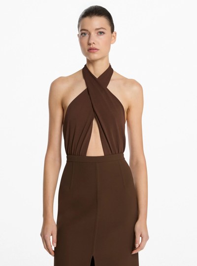 Stretch Matte Jersey Halter Bodysuit in JAVA | Michael Kors