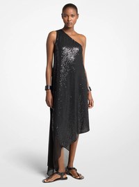 Hand-Embroidered Sequin Silk Georgette Asymmetric Dress