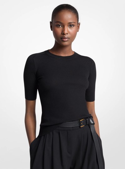 Ribbed Wool Elbow-Sleeve Sweater in BLACK | Michael Kors
