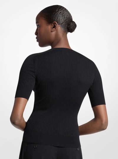 Ribbed Wool Elbow-Sleeve Sweater in BLACK | Michael Kors