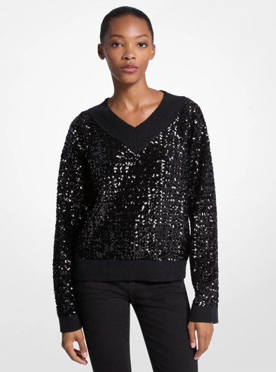 Sequined Cotton Blend Sweater in BLACK | Michael Kors