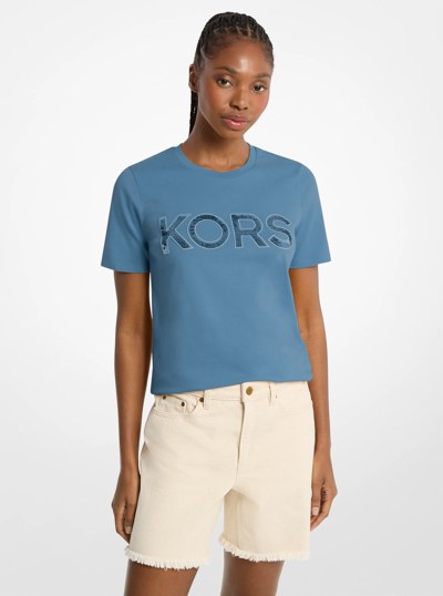 Sequined Logo Cotton T-Shirt in DK CHAMBRAY | Michael Kors