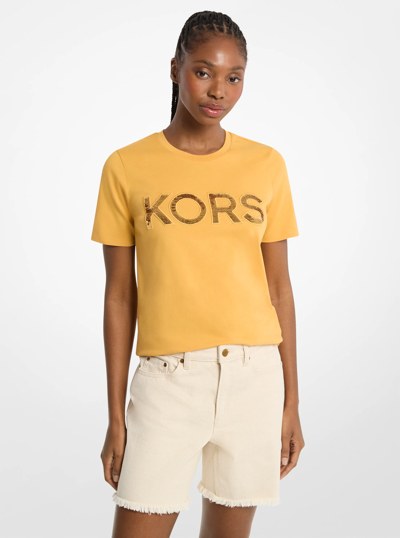 Sequined Logo Cotton T-Shirt in HONEYWHEAT | Michael Kors