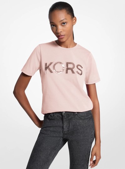 Sequined Logo Cotton T-Shirt in POWDER BLUSH | Michael Kors