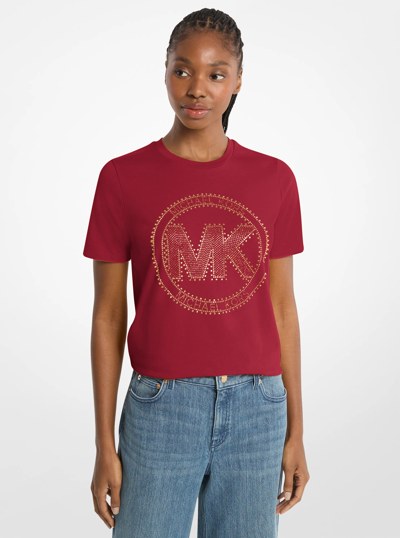 T-shirt en jersey de coton biologique avec logo &agrave; boutons in BORDEAUX | Michael Kors