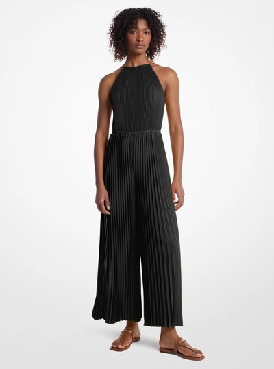 Pleated Embellished Georgette Halter Jumpsuit in BLACK | Michael Kors