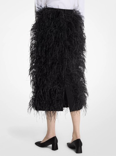 Hand-Embroidered Feather Wool Gabardine Trouser Skirt in BLACK | Michael Kors