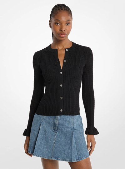 Ruffled Stretch Knit Cardigan in BLACK | Michael Kors