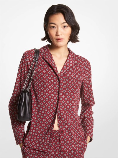 Studded Medallion Crushed Crepe Pajama Shirt in MERLOT | Michael Kors