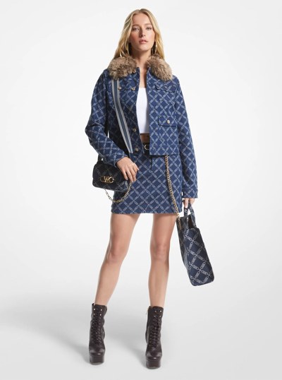 Faux Fur Trim Empire Logo Jacquard Denim Utility Jacket in RINSE | Michael Kors