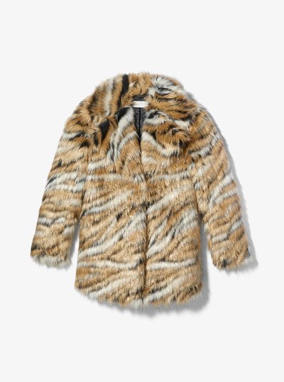 Metallic Tiger Jacquard Faux Fur Coat in KHAKI | Michael Kors