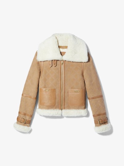 Empire Logo Embossed Suede and Shearling Flight Jacket in DKCAMEL/BONE | Michael Kors