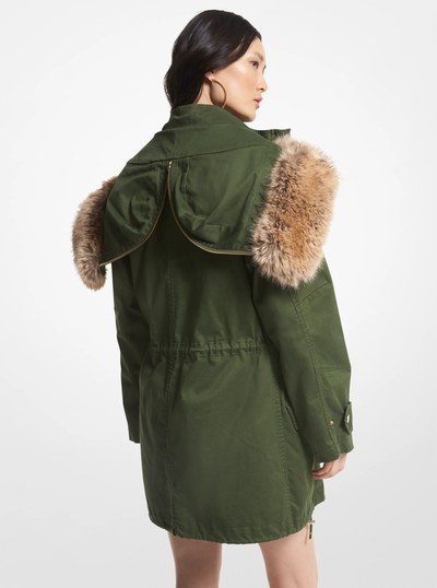Faux Fur Trim Stretch Cotton Anorak in JADE | Michael Kors