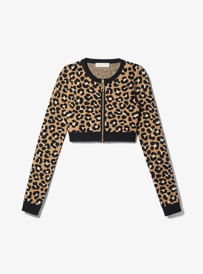 Leopard Jacquard Knit Zip Cardigan in DARK CAMEL | Michael Kors