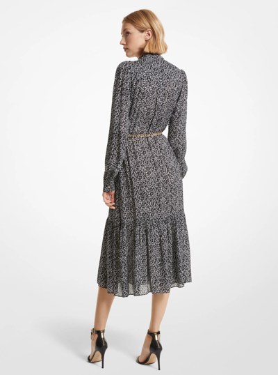 Animal Print Georgette Belted Dress in WHITE | Michael Kors