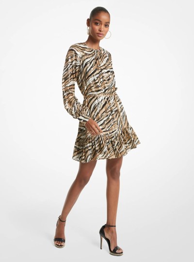 Zebra Fil Coup&eacute; Belted Mini Dress in KHAKI | Michael Kors