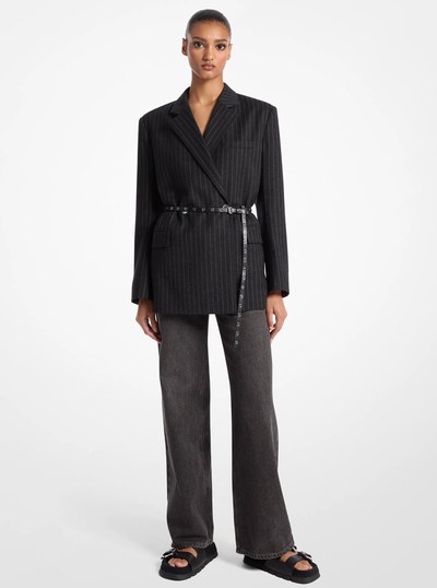 Striped Wool Blend Belted Double-Breasted Blazer in CHARCOAL HEATHER | Michael Kors